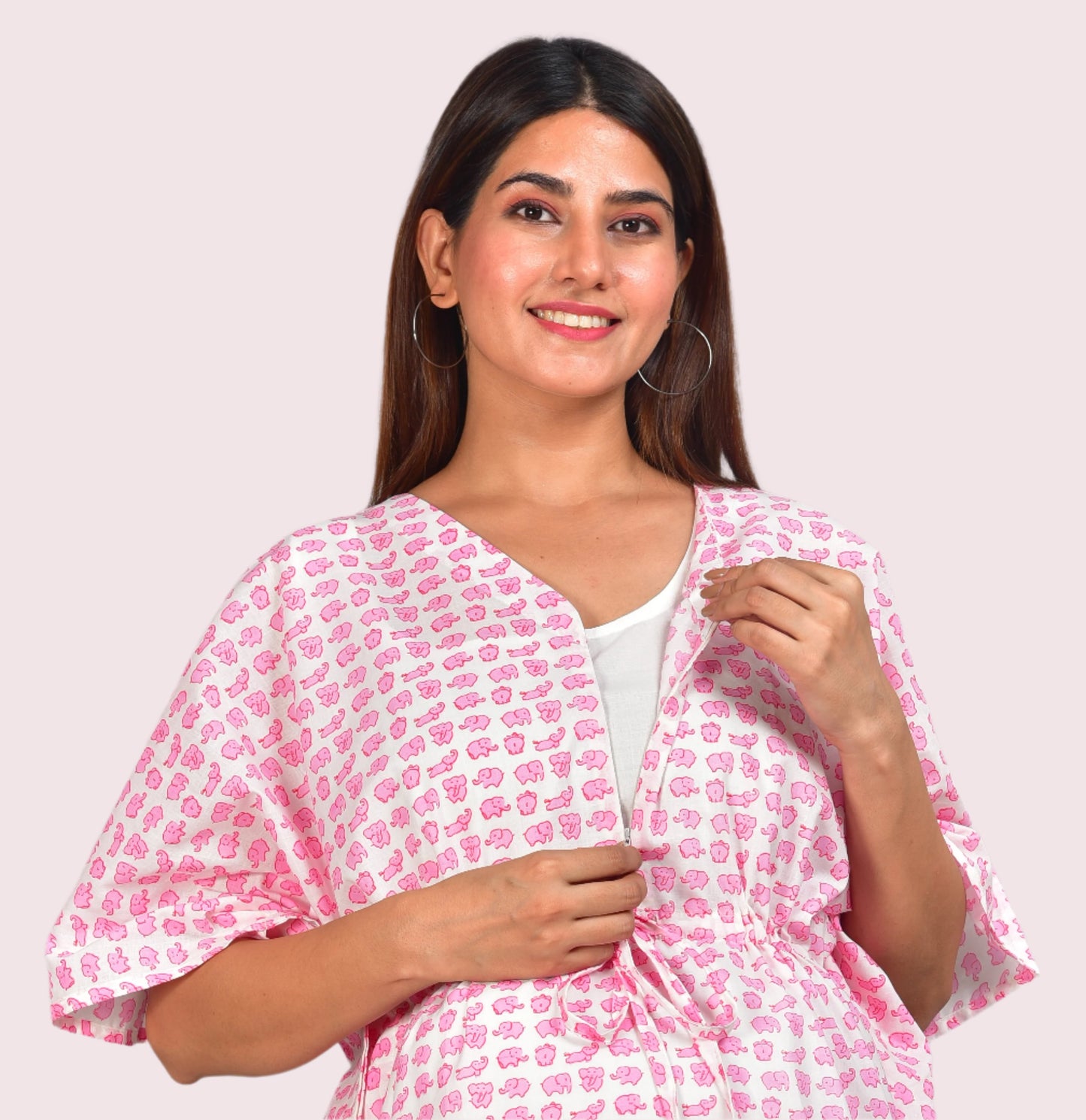 Pink Elephant Cotton Maternity/Nursing Kaftan