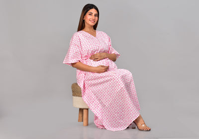 Pink Elephant Cotton Maternity/Nursing Kaftan