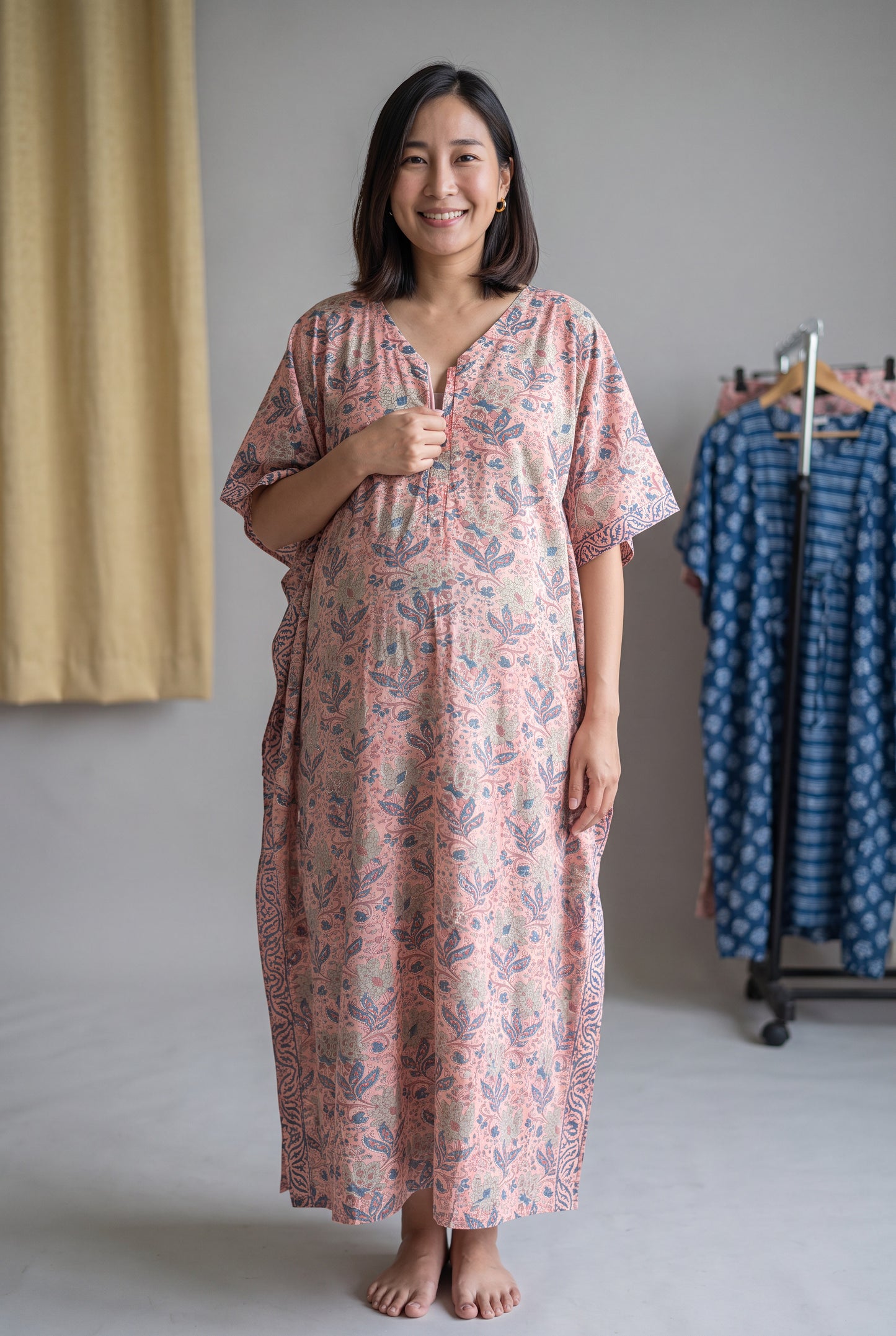 Radhya Handblock Cotton Nursing Kaftan Gown