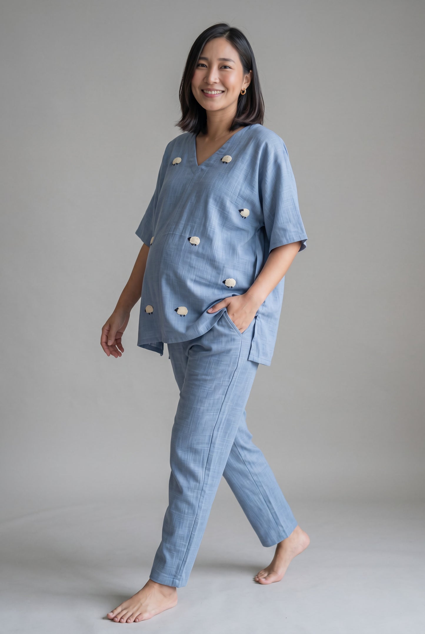 Sheep Hand Embroidery Cotton Nursing Loungewear Set