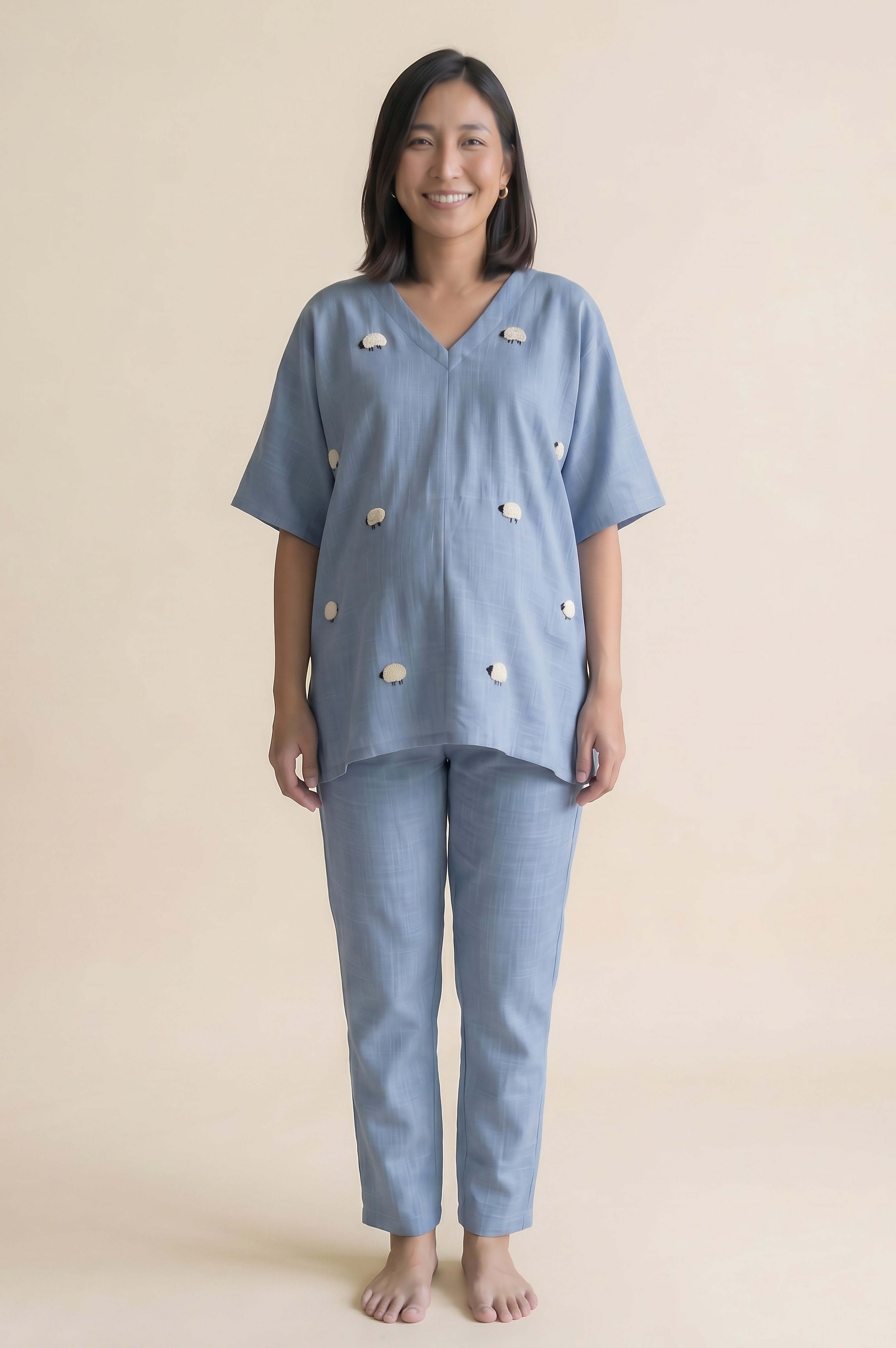 Sheep Hand Embroidery Cotton Nursing Loungewear Set