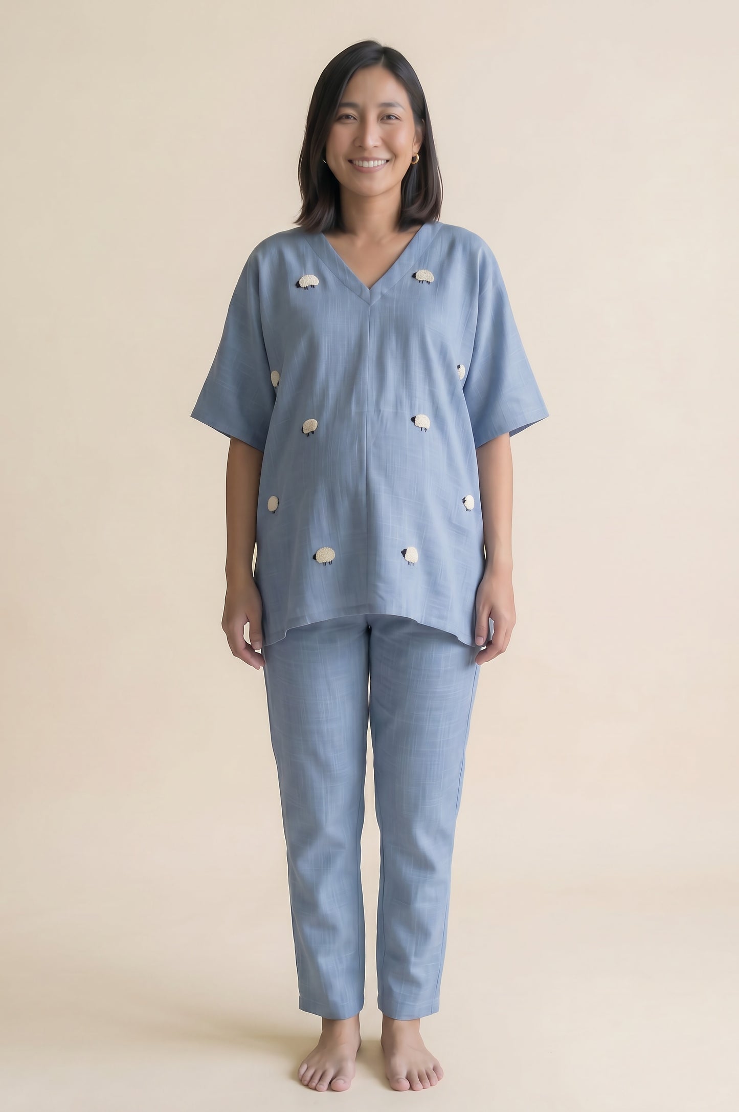 Sheep Hand Embroidery Cotton Nursing Loungewear Set