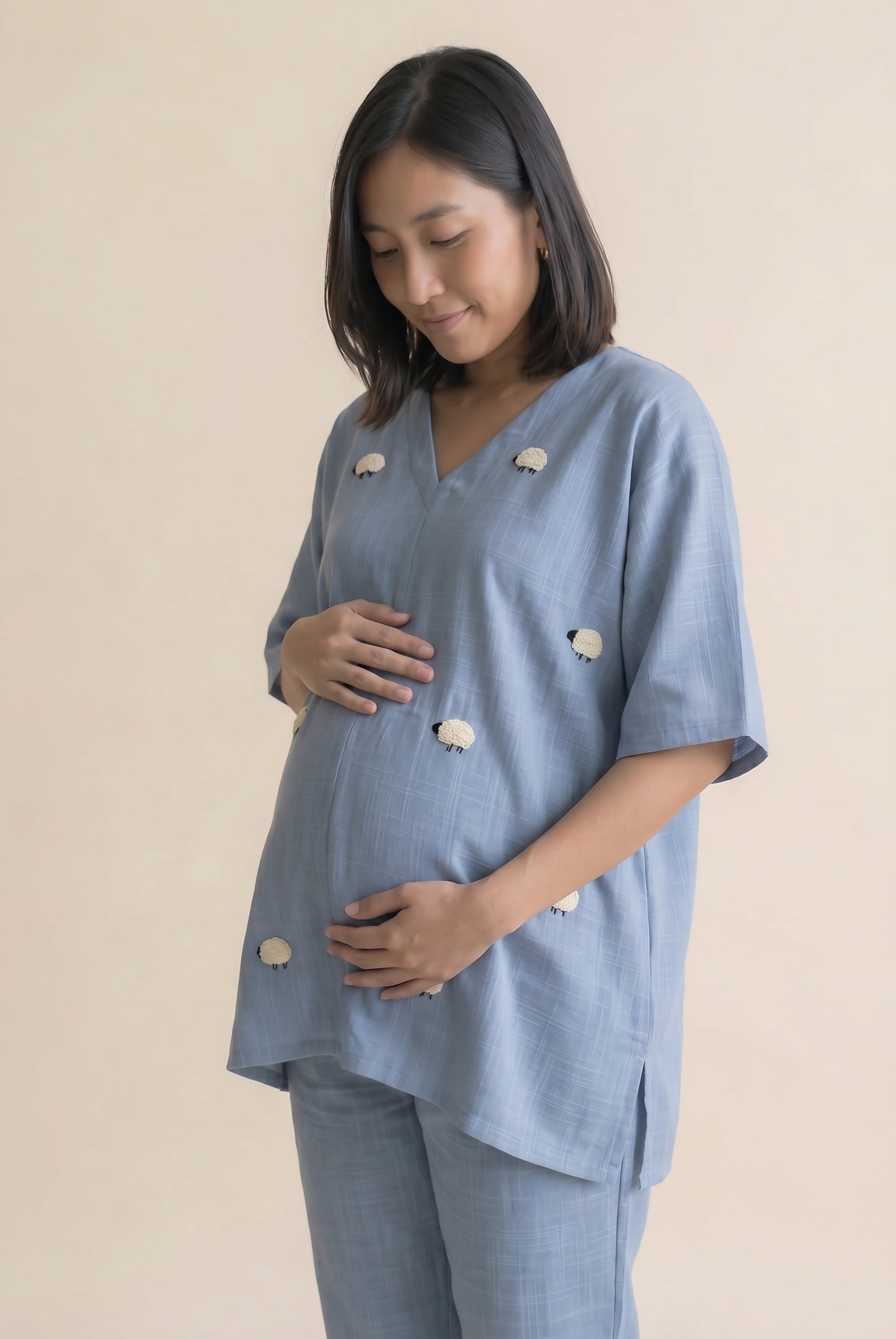 Sheep Hand Embroidery Cotton Nursing Loungewear Set