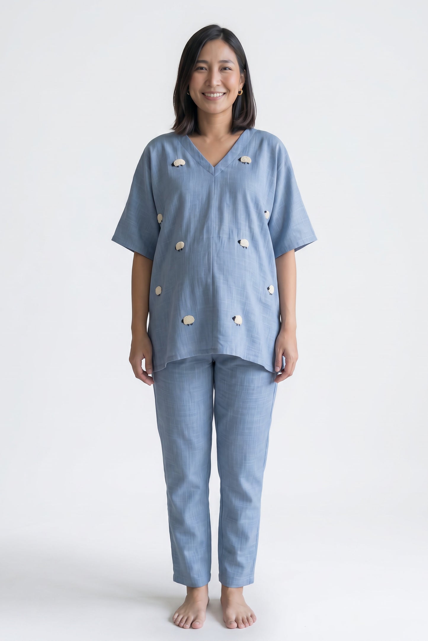Sheep Hand Embroidery Cotton Nursing Loungewear Set