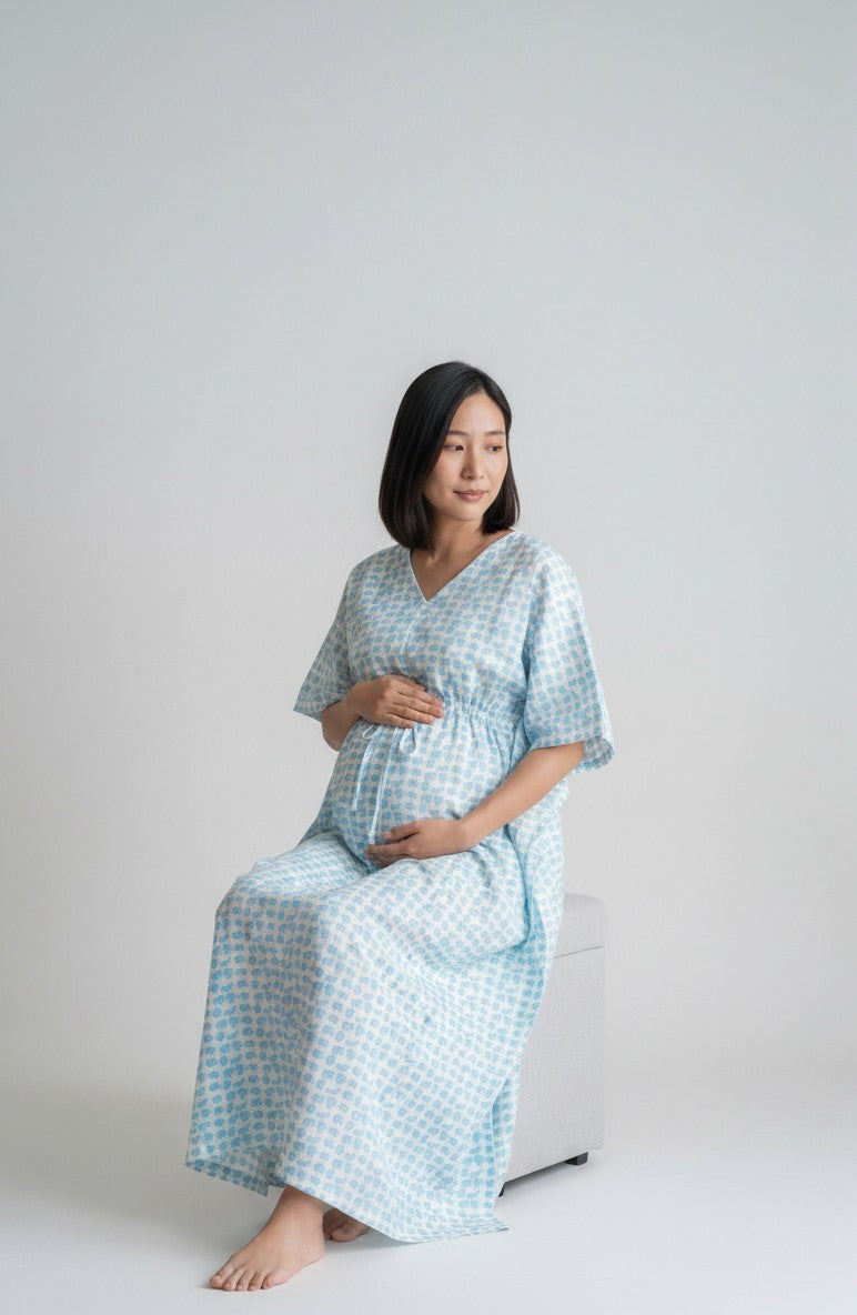 Blue Elephant Printed Cotton Maternity Nursing Kaftan