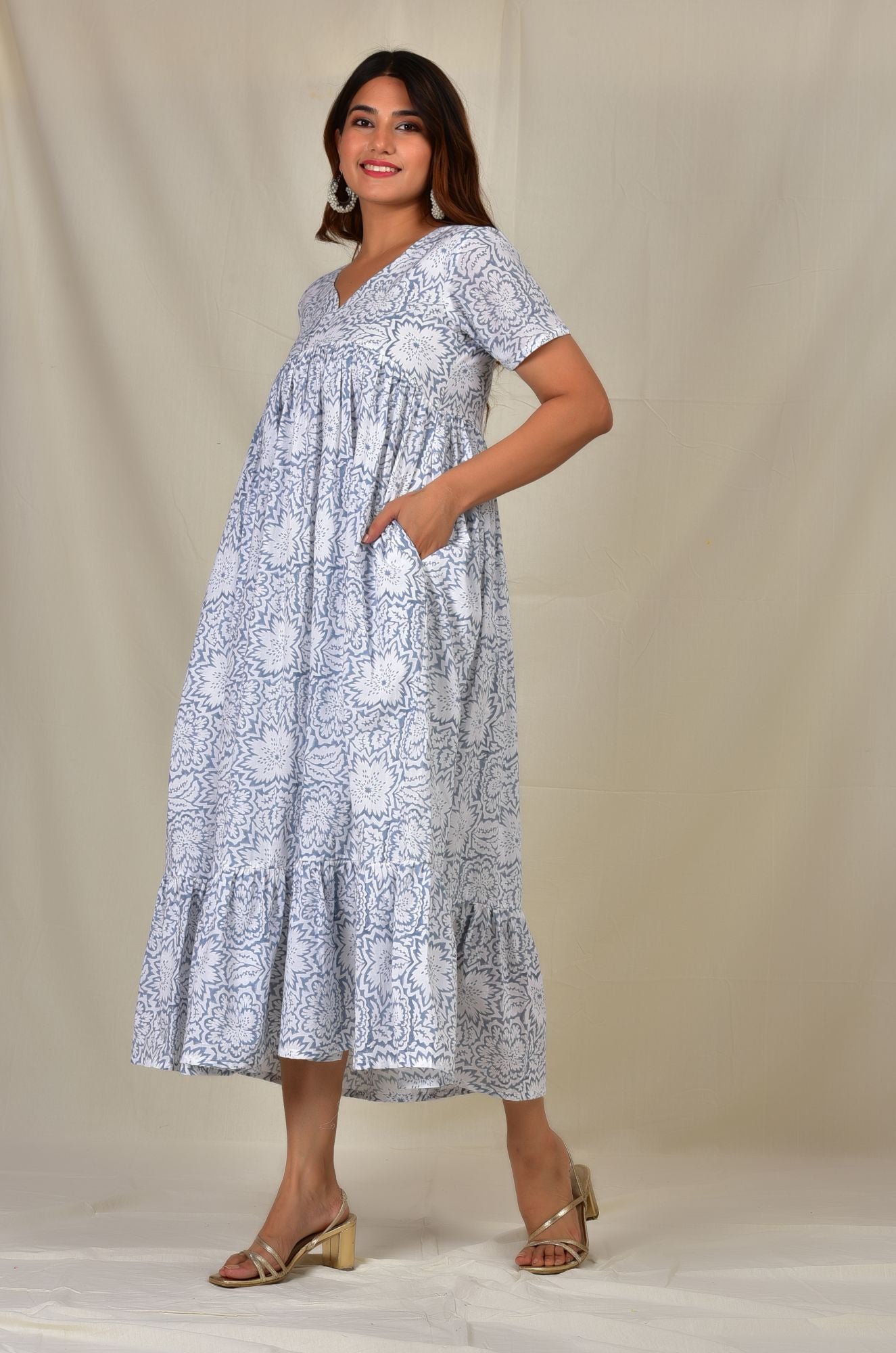 White Floral Handblock Cotton Maternity Dress