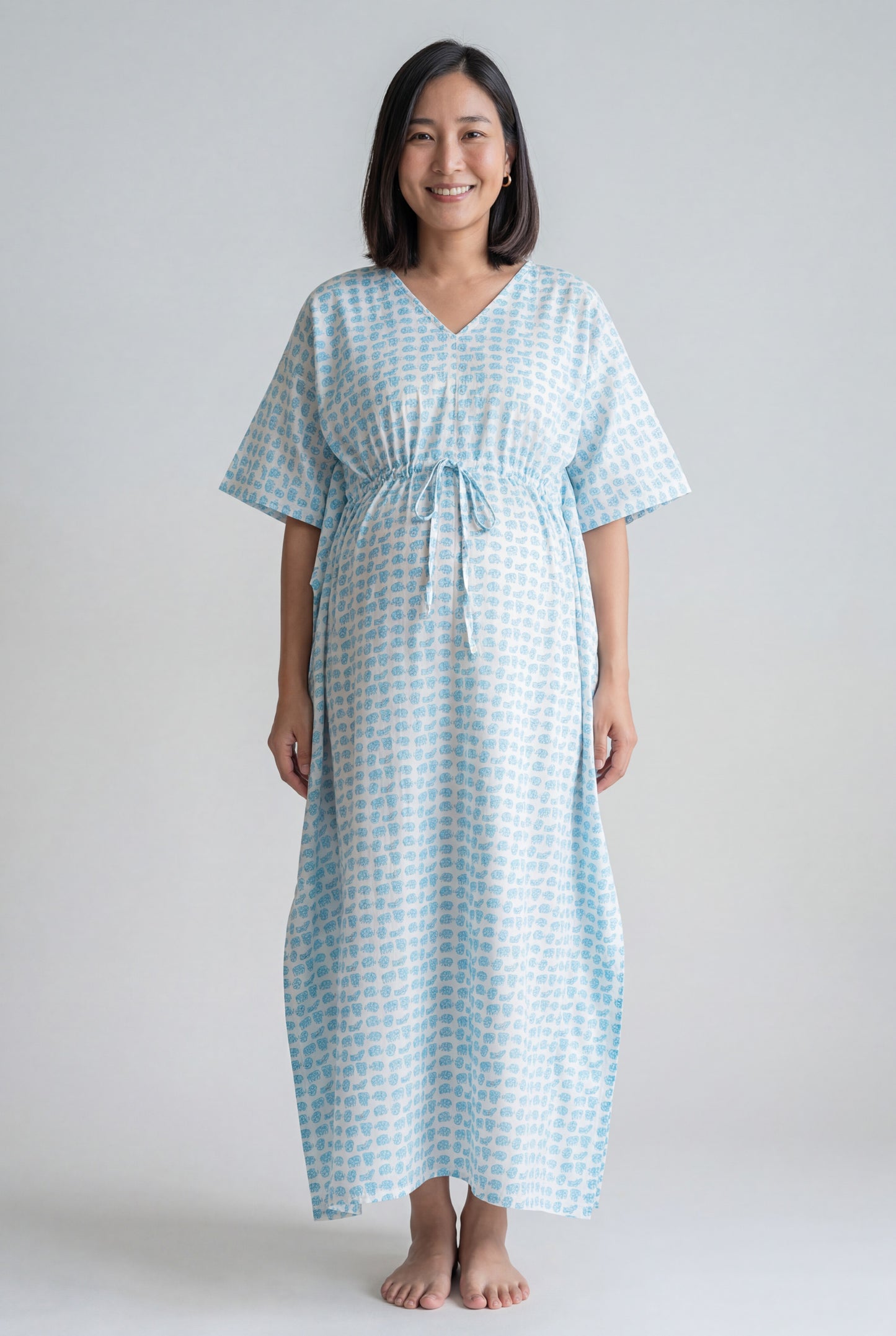 Blue Elephant Printed Cotton Maternity Nursing Kaftan