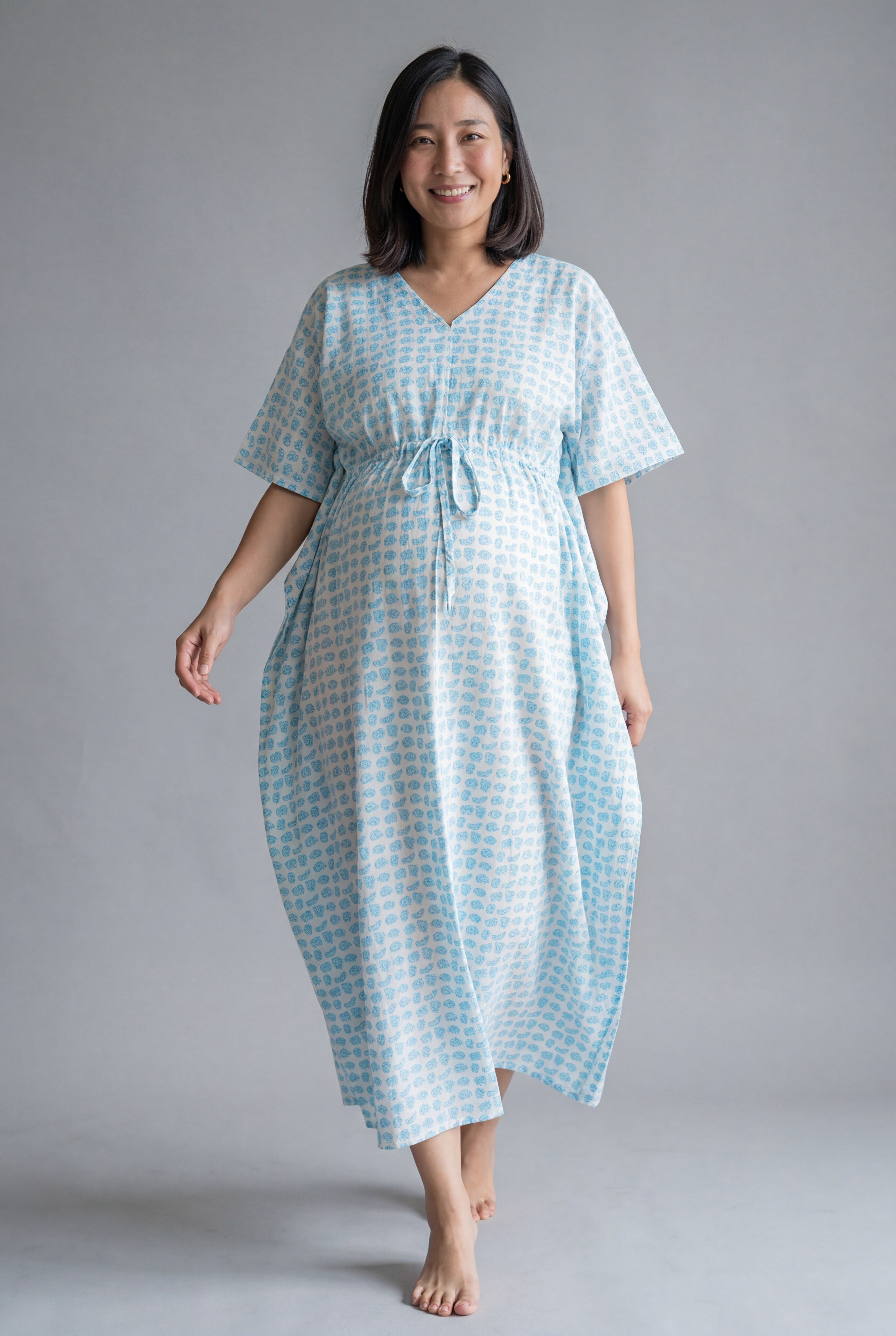 Blue Elephant Printed Cotton Maternity Nursing Kaftan
