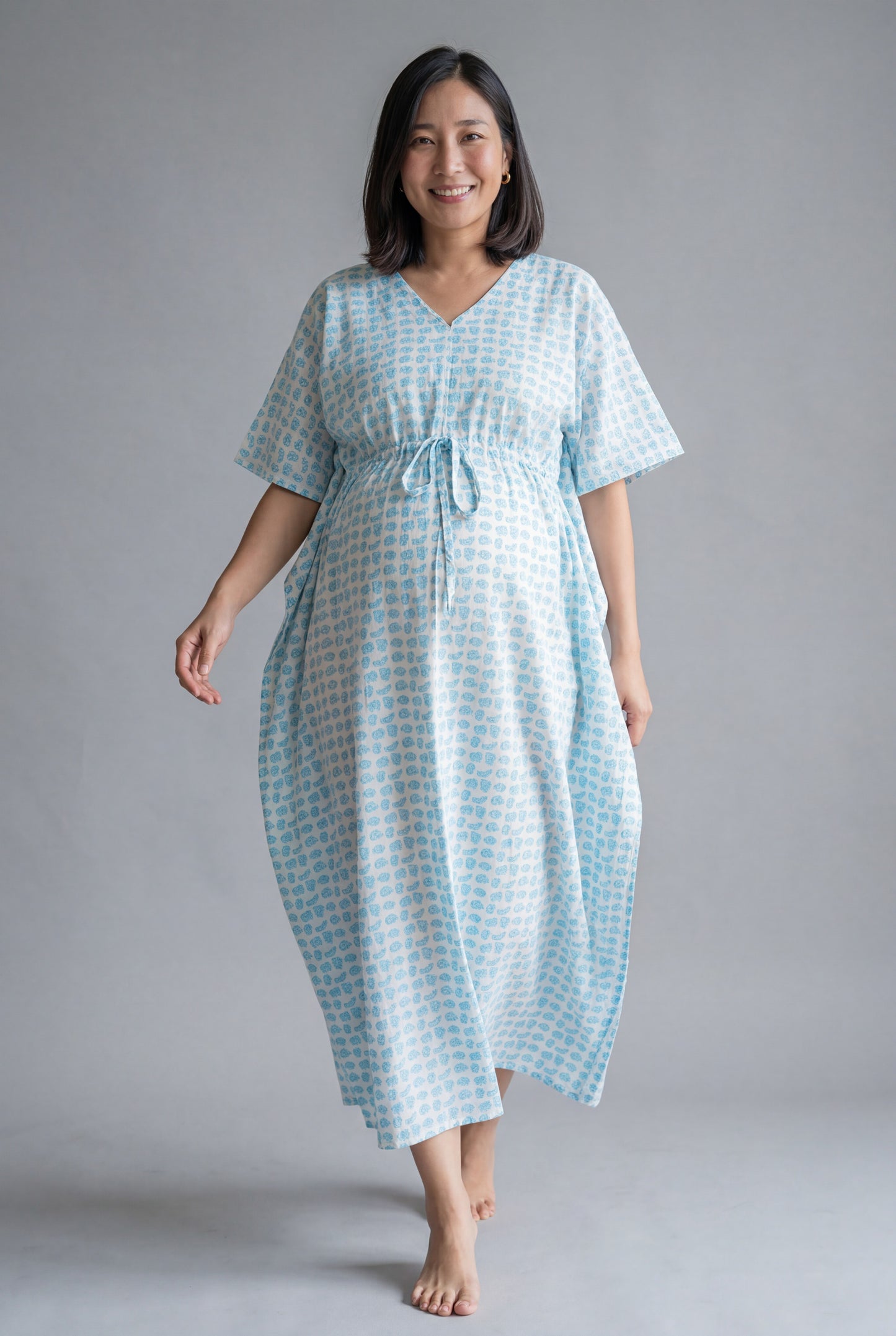 Blue Elephant Printed Cotton Maternity Nursing Kaftan