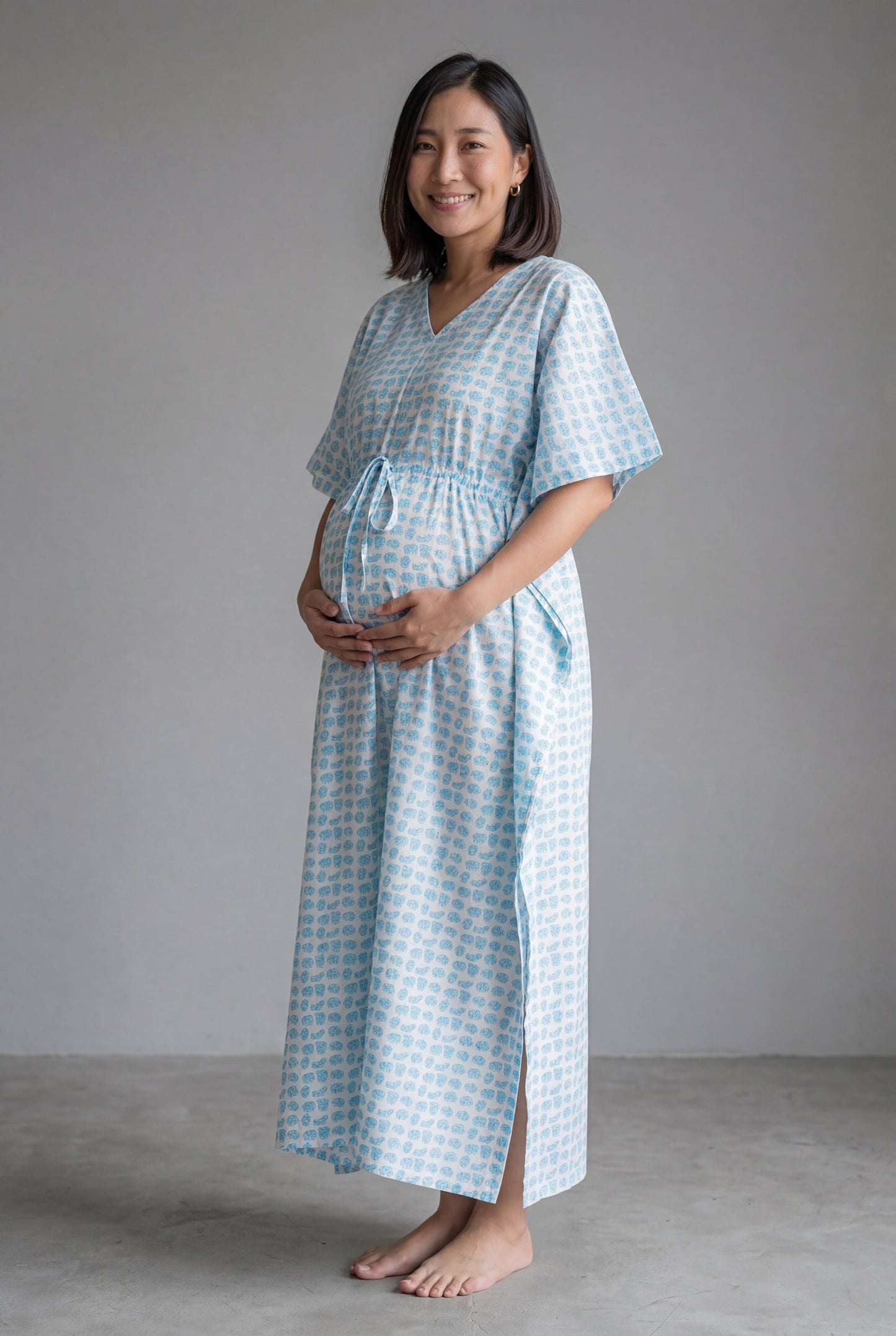 Blue Elephant Printed Cotton Maternity Nursing Kaftan