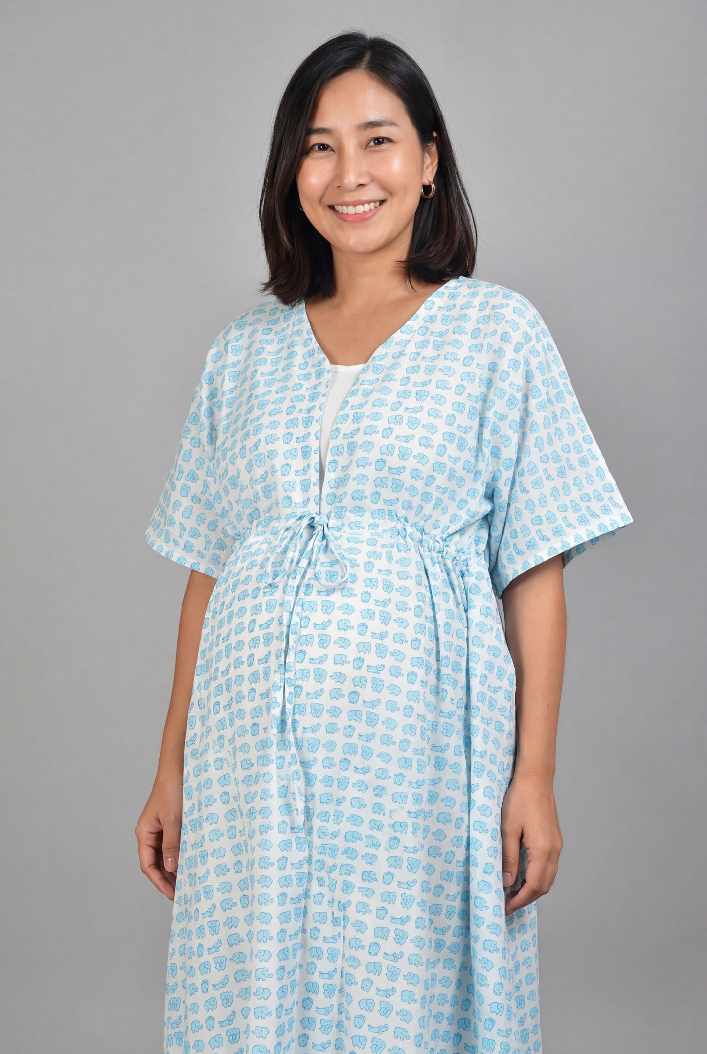 Blue Elephant Printed Cotton Maternity Nursing Kaftan