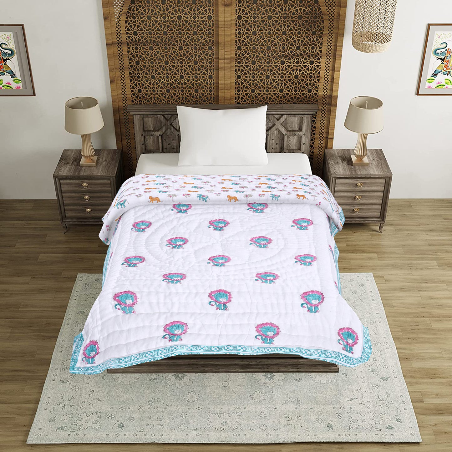 Baby Lion Handblock Reversible Cotton Kids Quilt (60x40)