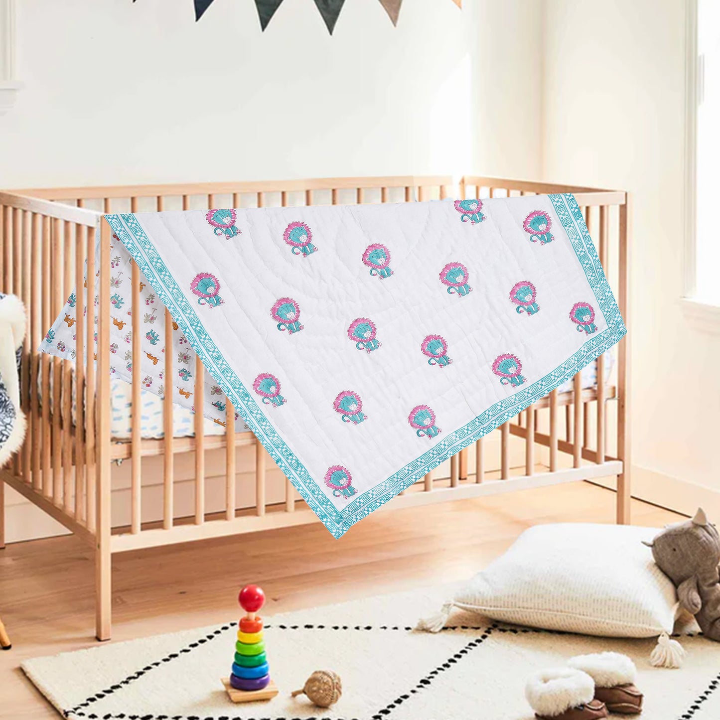 Baby Lion Handblock Reversible Cotton Kids Quilt (60x40)