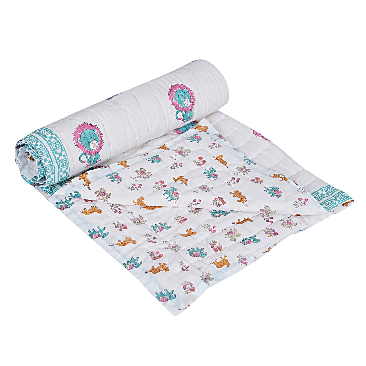 Baby Lion Handblock Reversible Cotton Kids Quilt (60x40)