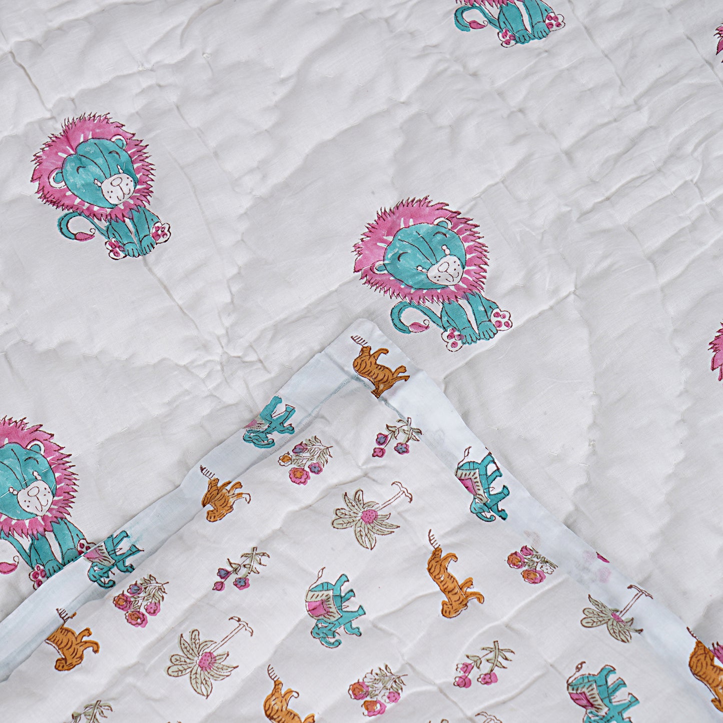 Baby Lion Handblock Reversible Cotton Kids Quilt (60x40)