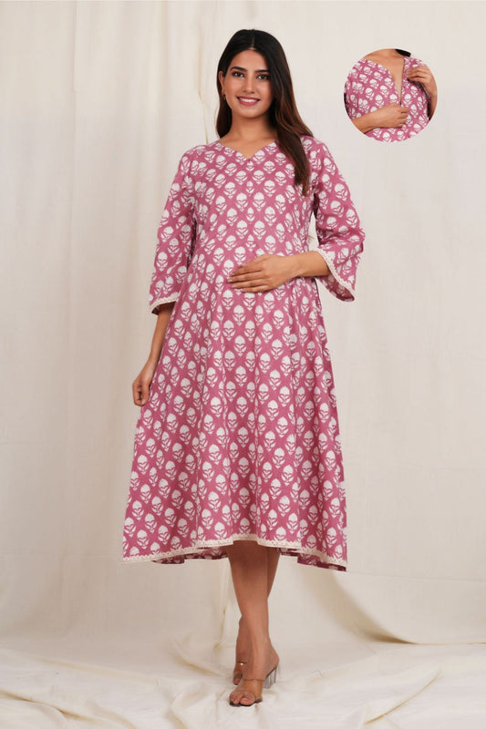 Pink Cotton Maternity Nursing Dress