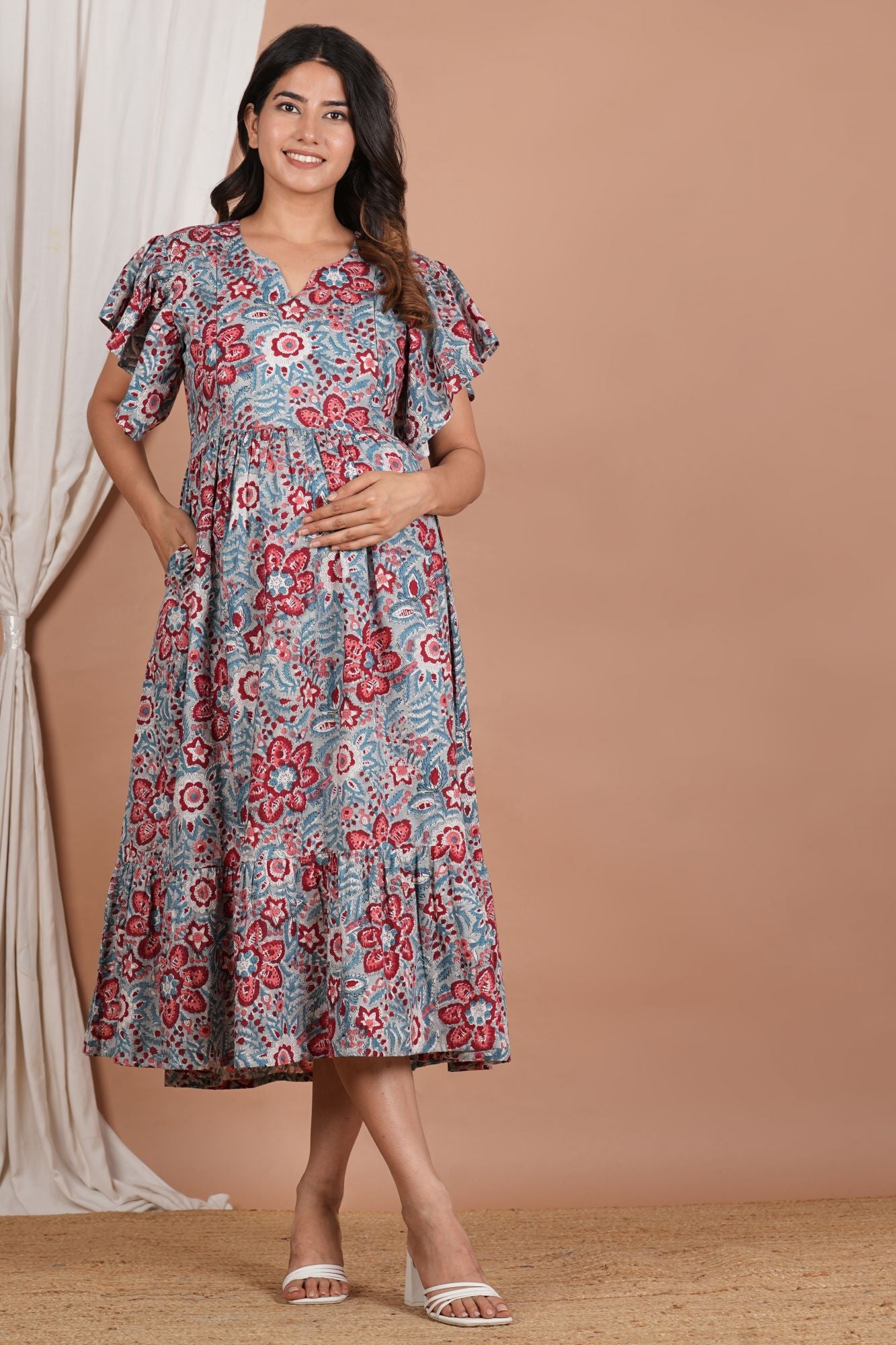 Floral Printed With Twin Zip Cotton Maternity Feeding Kurti