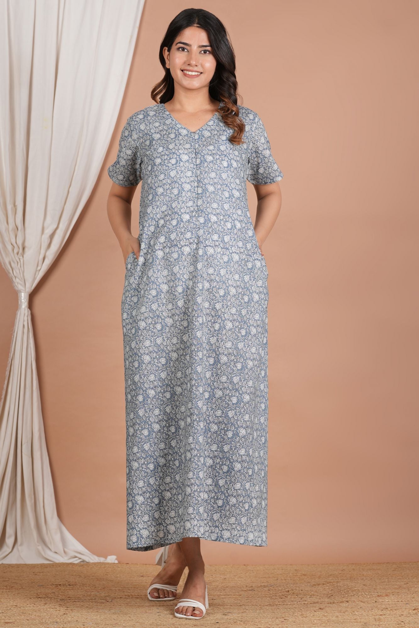Pure Cotton Grey Maternity Gown with Feeding Zip Dress