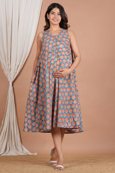 Digital Printed Cotton Nursing Umbrella Dress with Feeding Zip