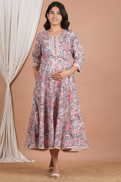 Floral Printed Cotton Twin Zip Maternity Feeding Kurti Dress