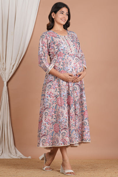 Floral Printed Cotton Twin Zip Maternity Feeding Kurti Dress