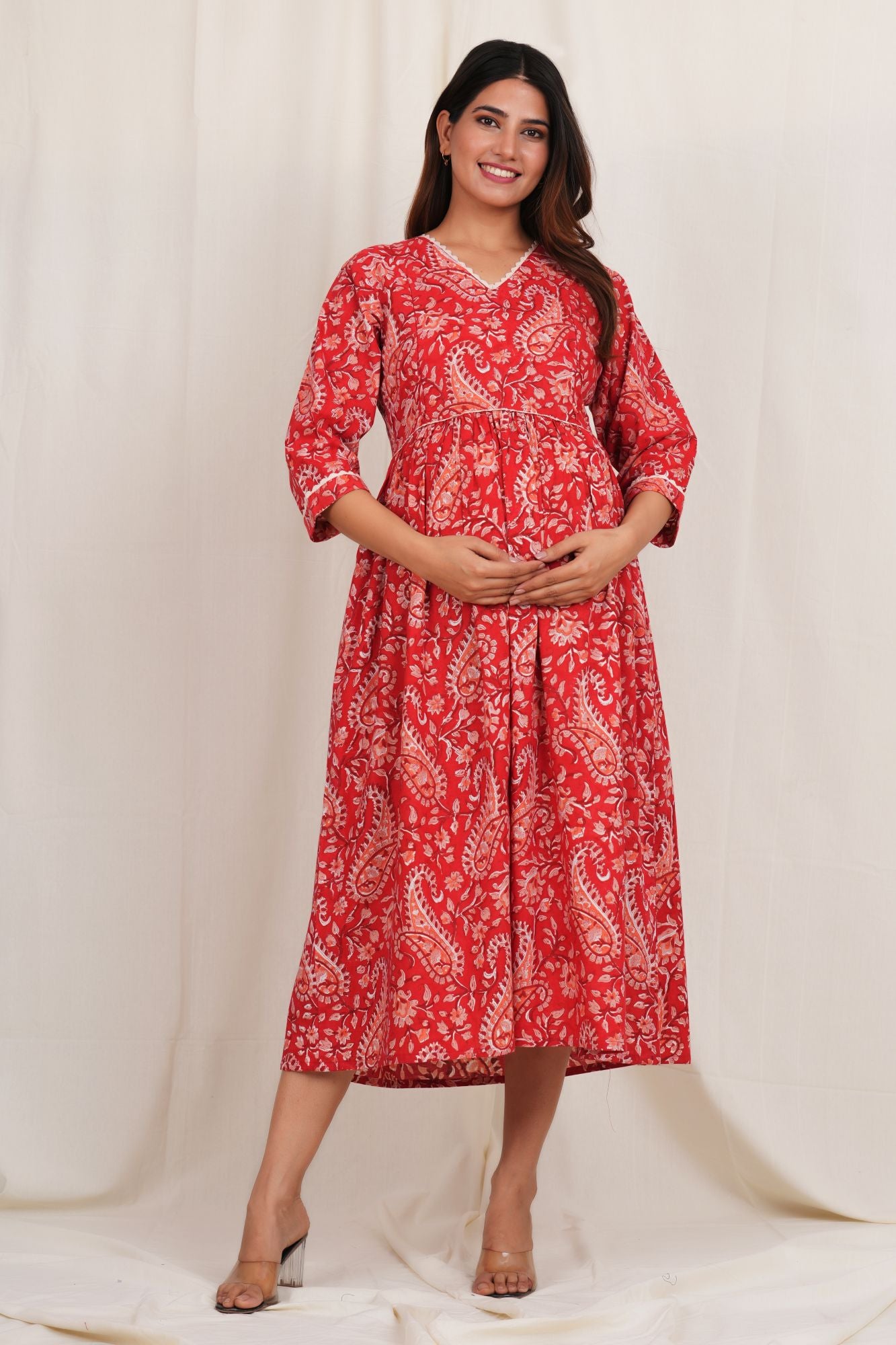Red Cotton Twin Zip Maternity Feeding Kurti Dress