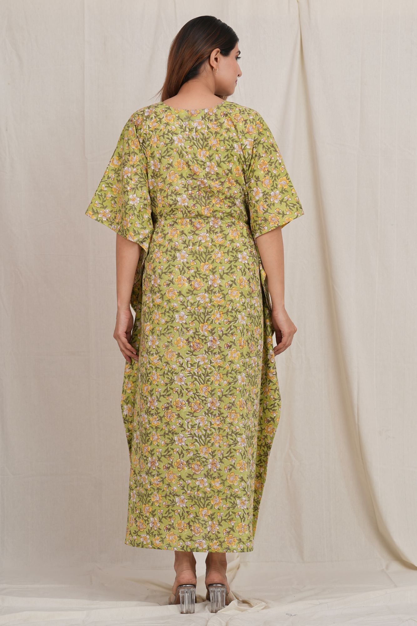 Green Flower Printed Cotton Nursing Feeding Kaftan