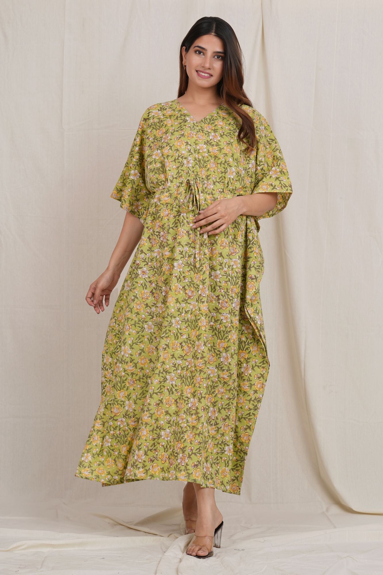 Green Flower Printed Cotton Nursing Feeding Kaftan