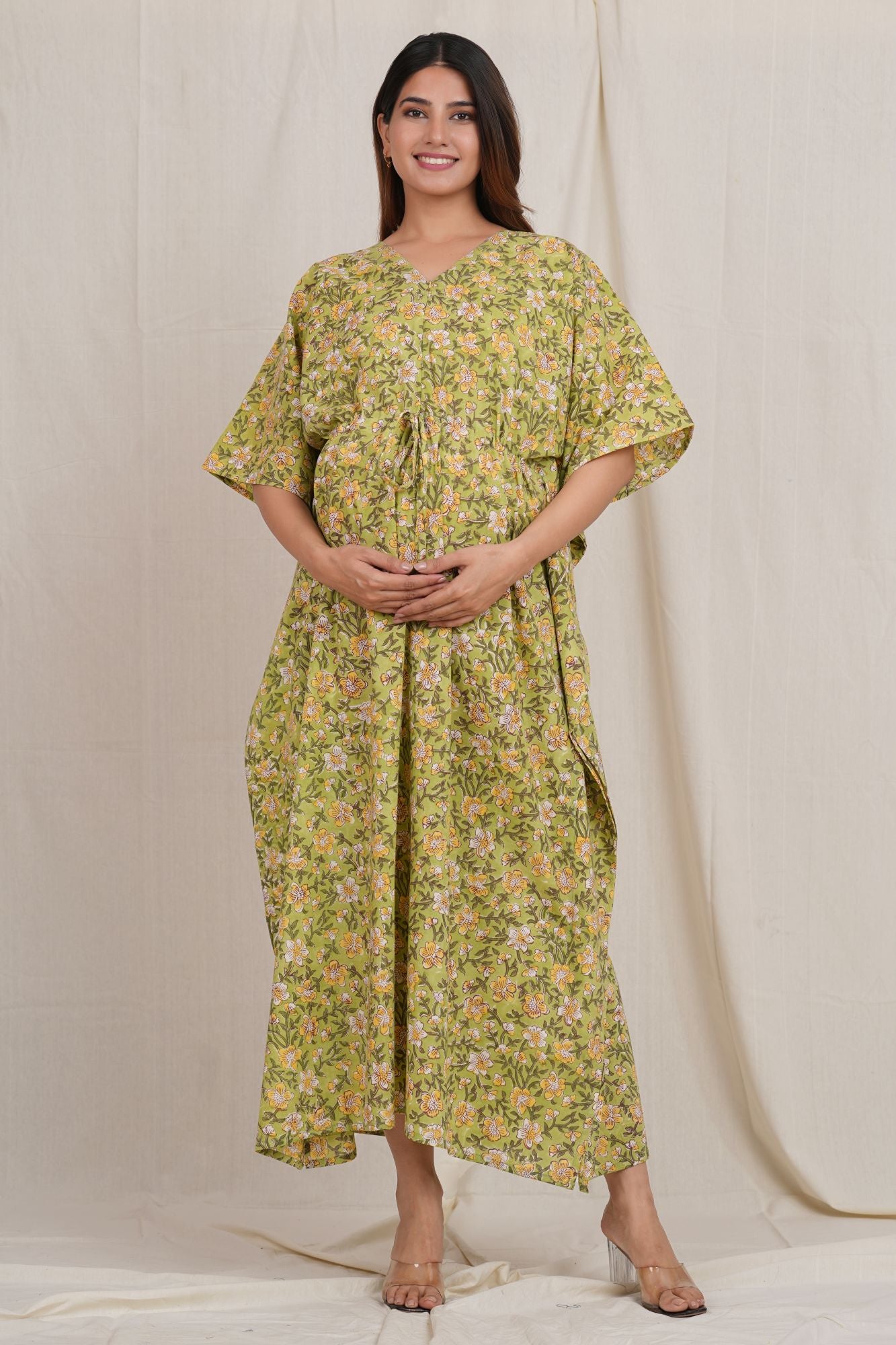 Green Flower Printed Cotton Nursing Feeding Kaftan