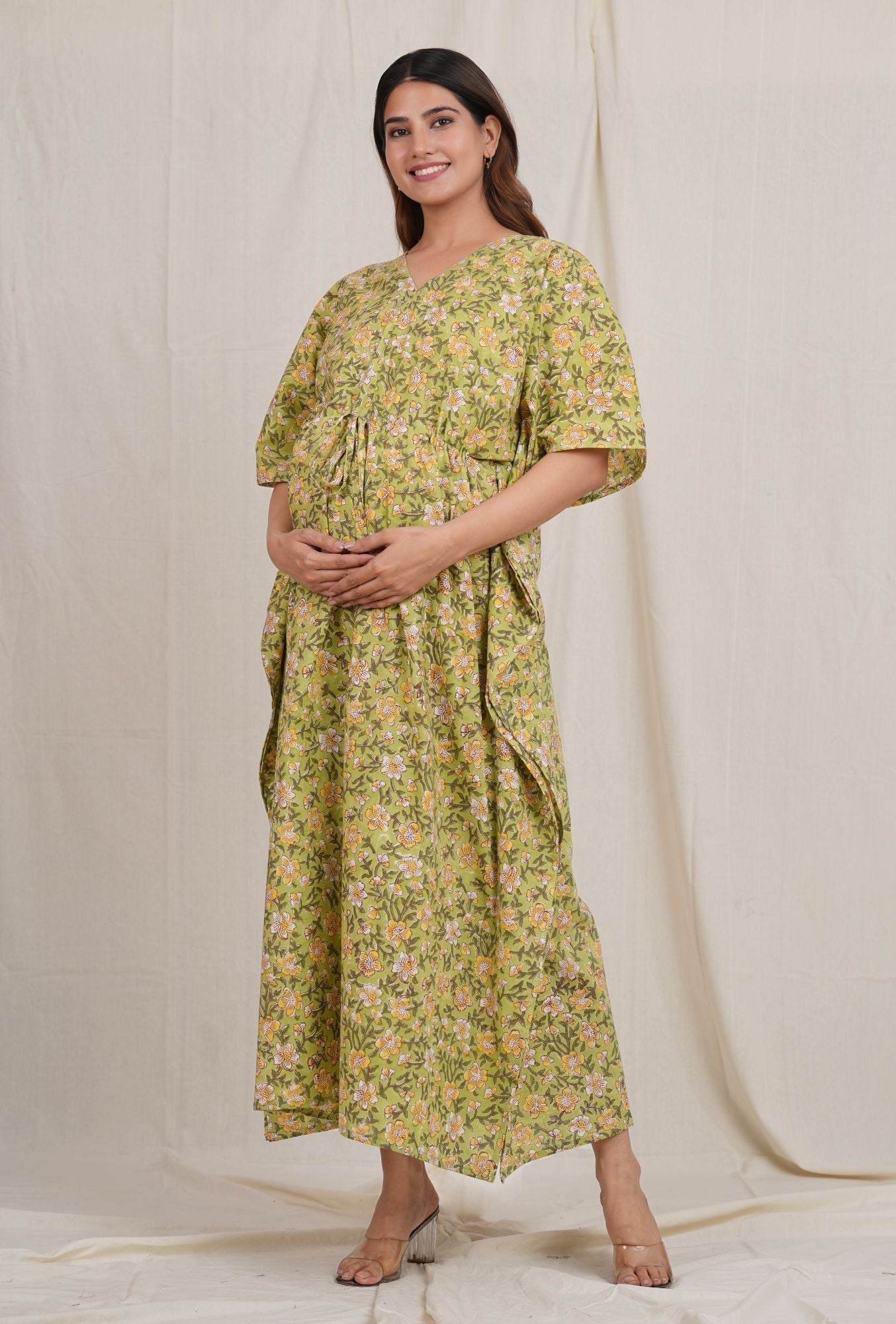 Green Flower Printed Cotton Nursing Feeding Kaftan