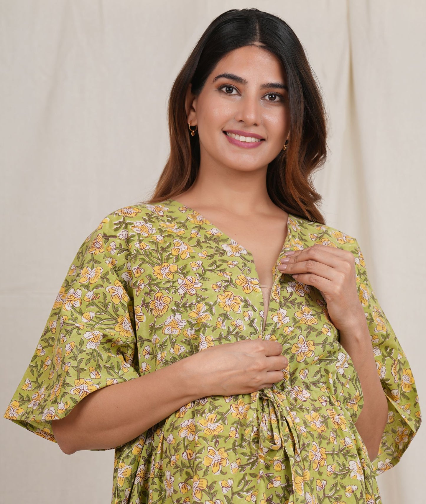 Green Flower Printed Cotton Nursing Feeding Kaftan