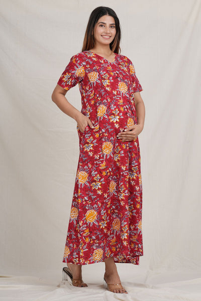 Radhika Vallabha Cotton Nursing Nightie / Gown with Twin Zip