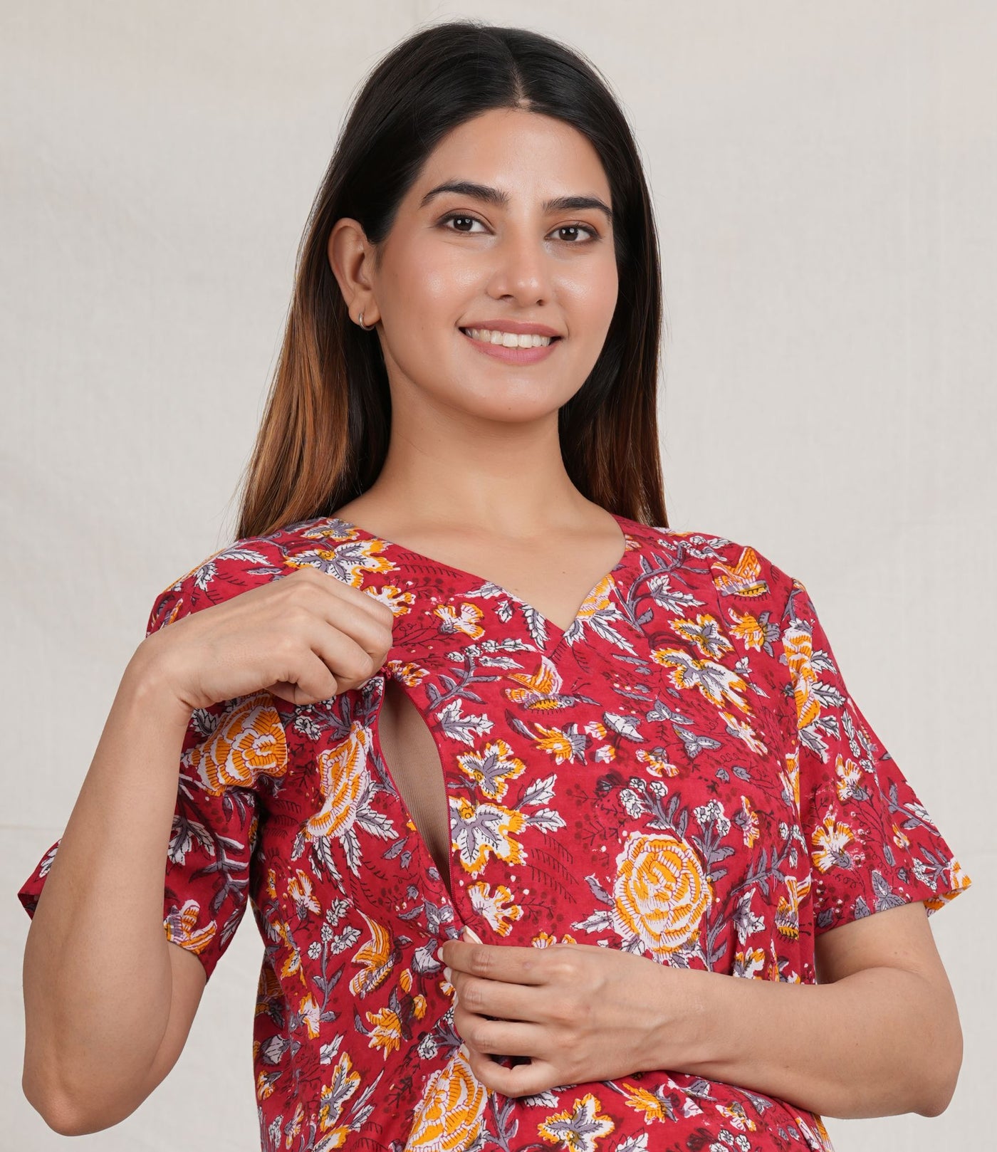 Radhika Vallabha Cotton Nursing Nightie / Gown with Twin Zip