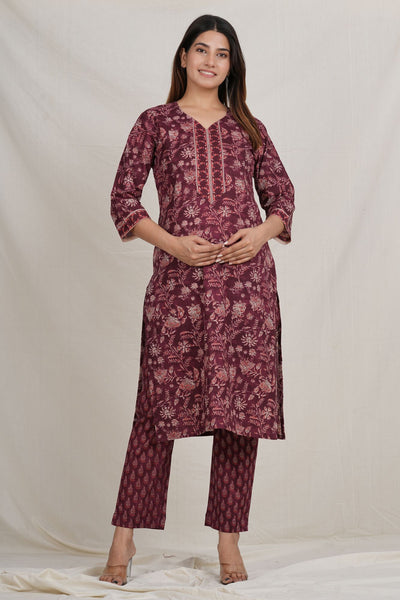 Savya Sachin Handblock Twin Zip Nursing Cotton Kurta - Pant Set