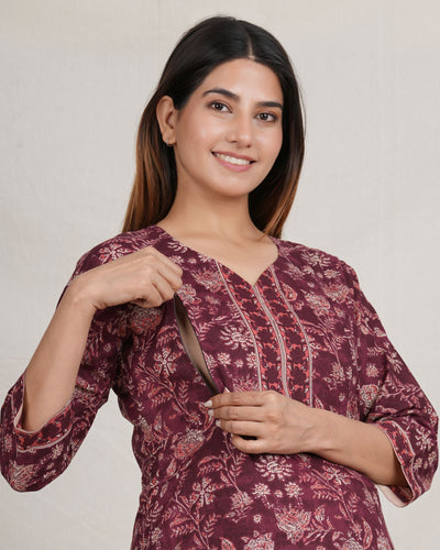 Savya Sachin Handblock Twin Zip Nursing Cotton Kurta - Pant Set