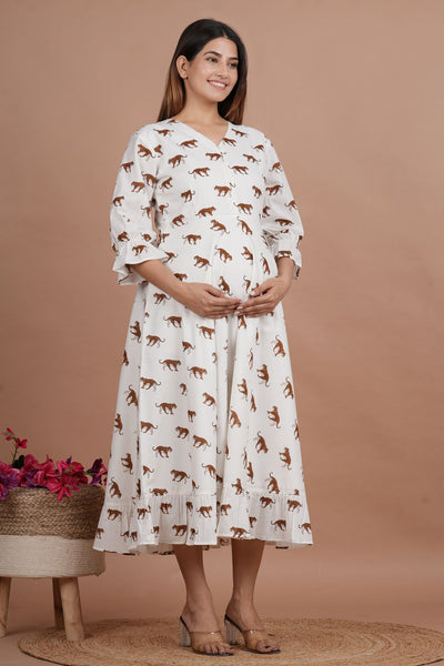Tiger Cotton Maternity Nursing Dress for Feeding