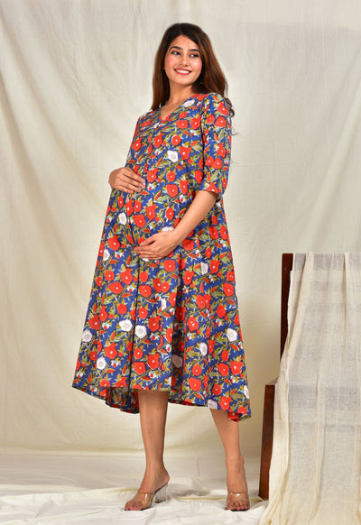 Multi Floral Printed Cotton Maternity Feeding Dress