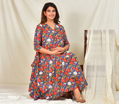 Multi Floral Printed Cotton Maternity Feeding Dress