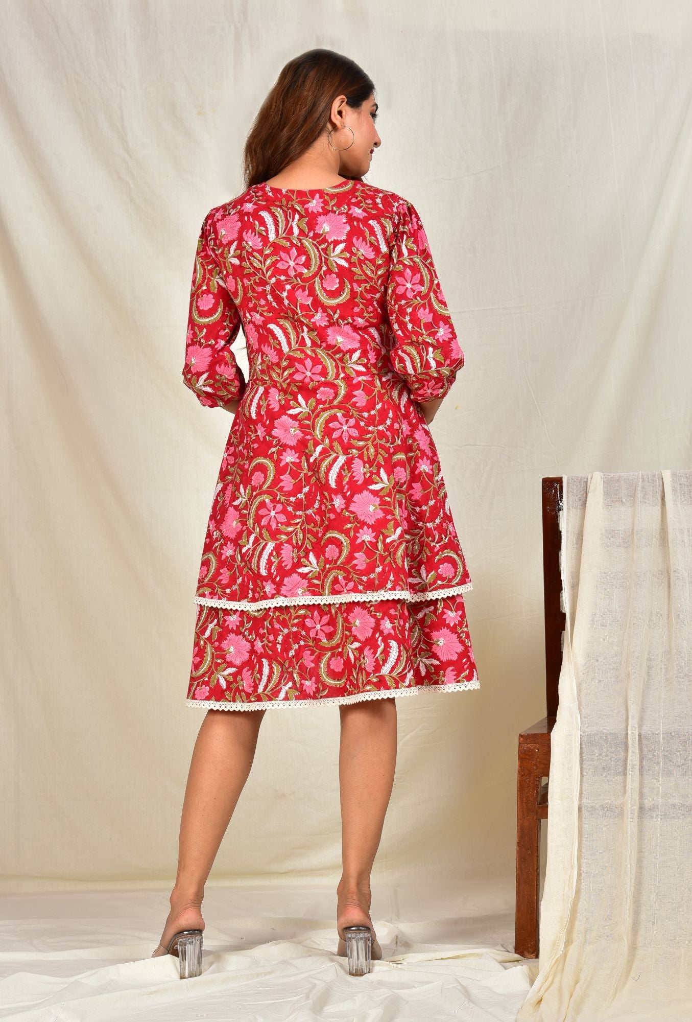 Red Floral Handblock Cotton Maternity Short Dress
