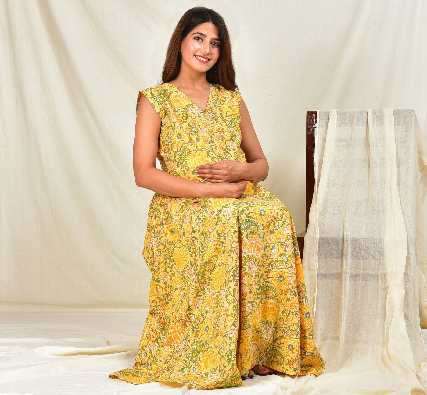 Yellow Floral Printed Handblock Cotton Maternity Feeding Dress