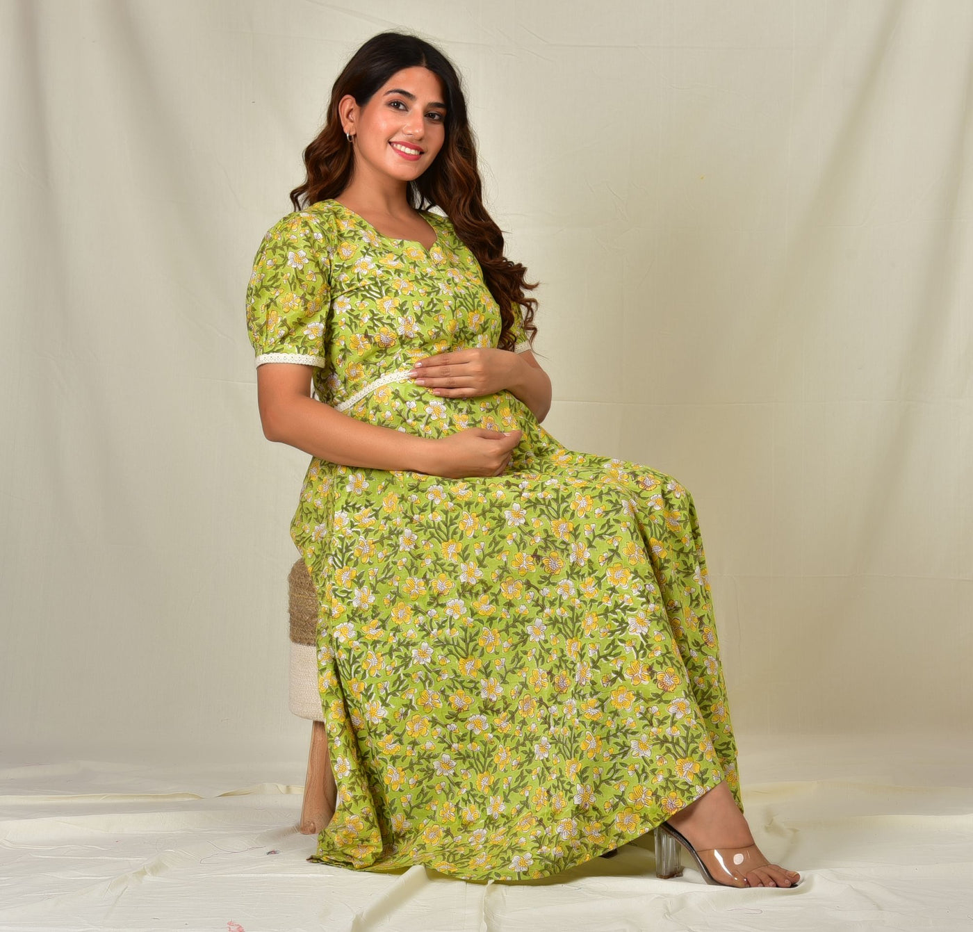 Green Floral Handblock Cotton Maternity Feeding Zip Dress