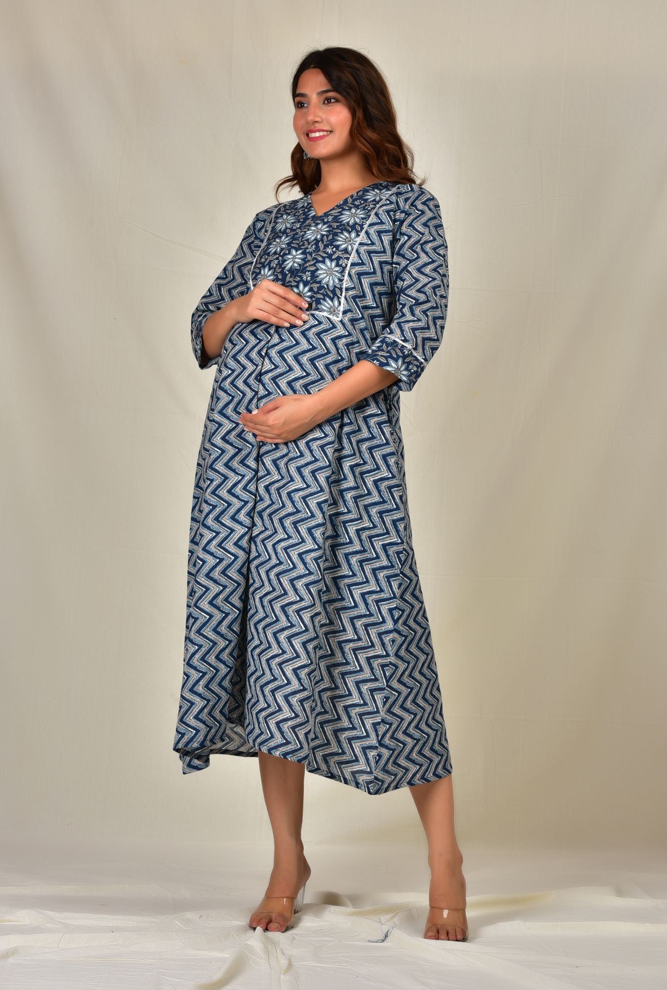 Blue Printed Cotton Twin Zip Maternity Feeding Kurti Dress