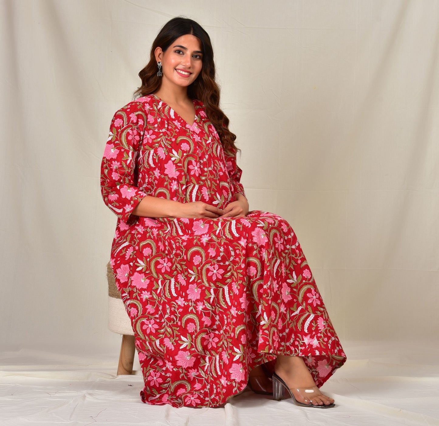 Red Floral Printed With Twin Zip Cotton Maternity Umbrella Dress