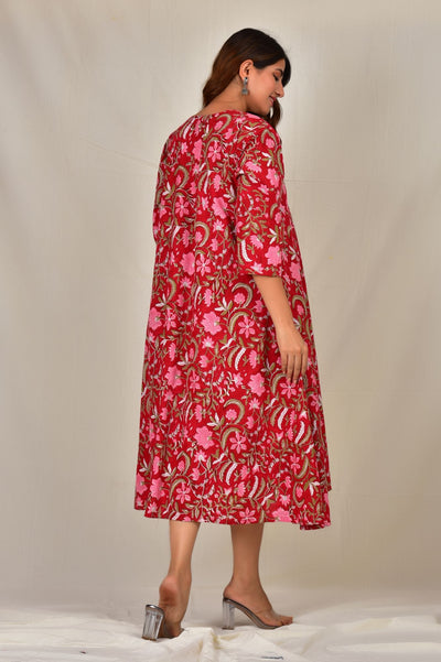 Red Floral Printed With Twin Zip Cotton Maternity Umbrella Dress