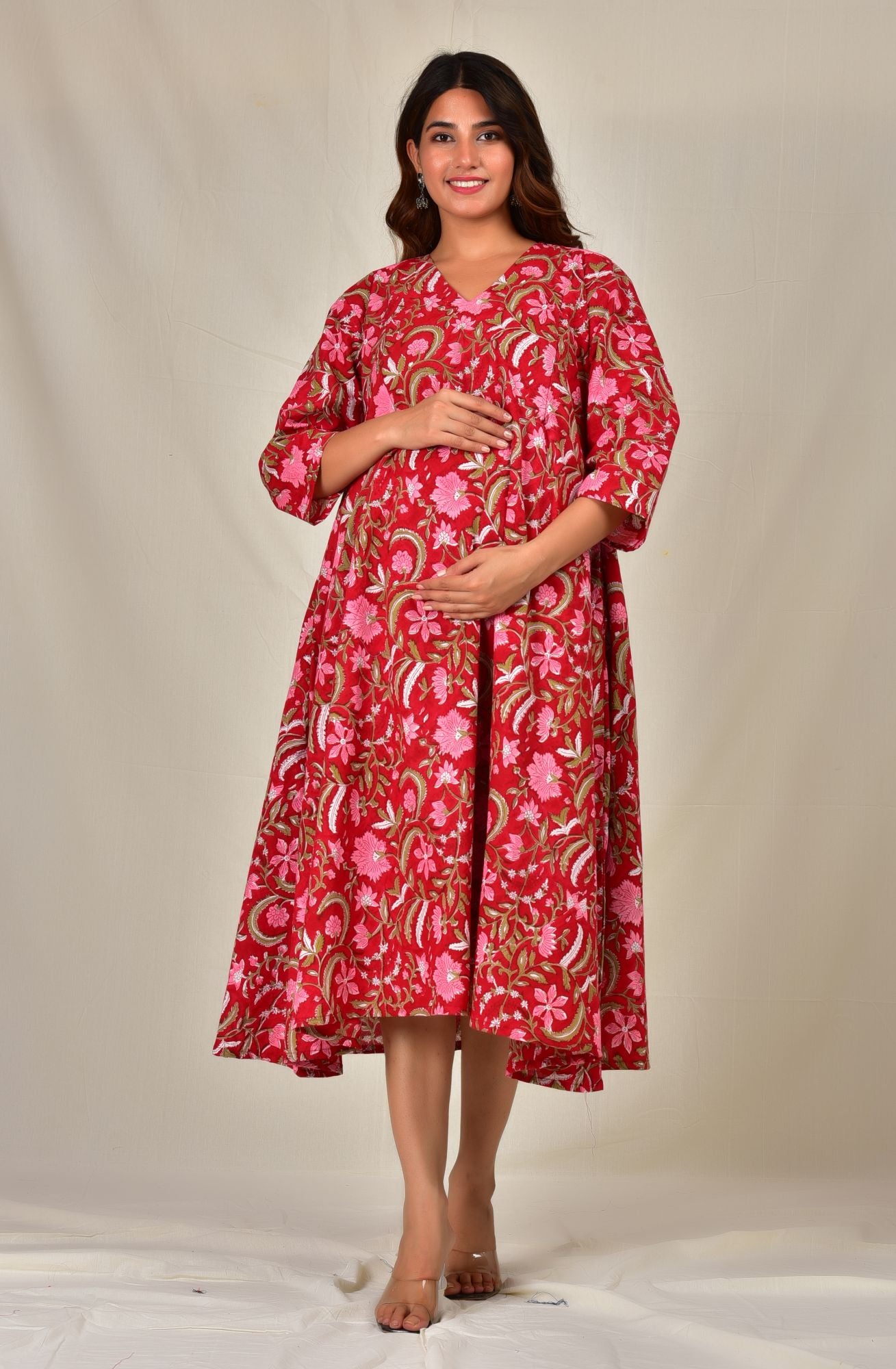 Red Floral Printed With Twin Zip Cotton Maternity Umbrella Dress