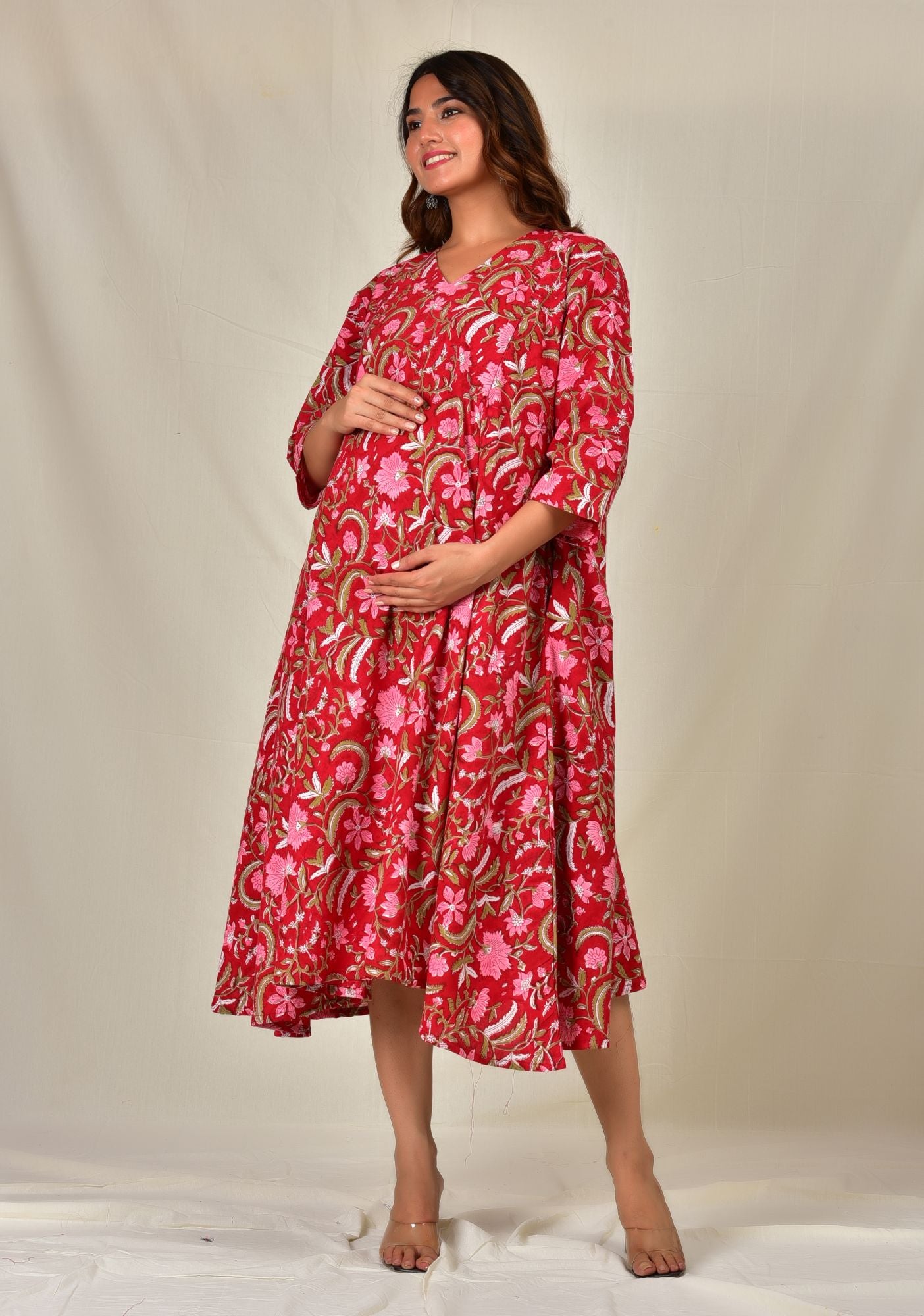 Red Floral Printed With Twin Zip Cotton Maternity Umbrella Dress