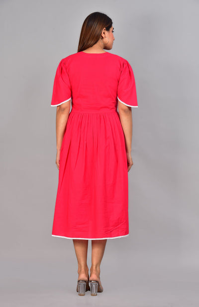 Solid Red Cotton Nursing Dress With Feeding Zip