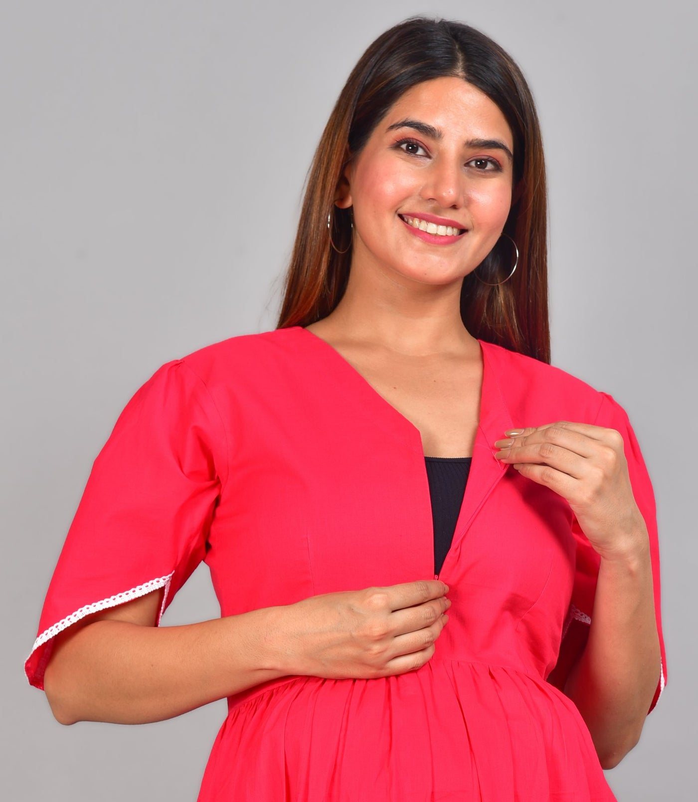 Solid Red Cotton Nursing Dress With Feeding Zip