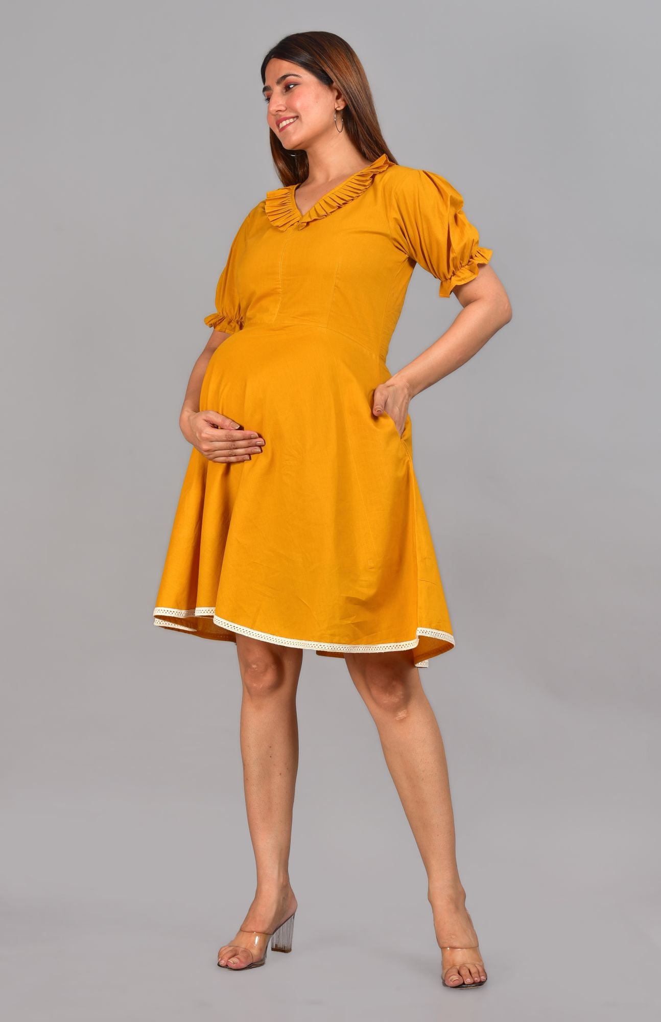 Solid Yellow Cotton Maternity Feeding Zip Short Dress