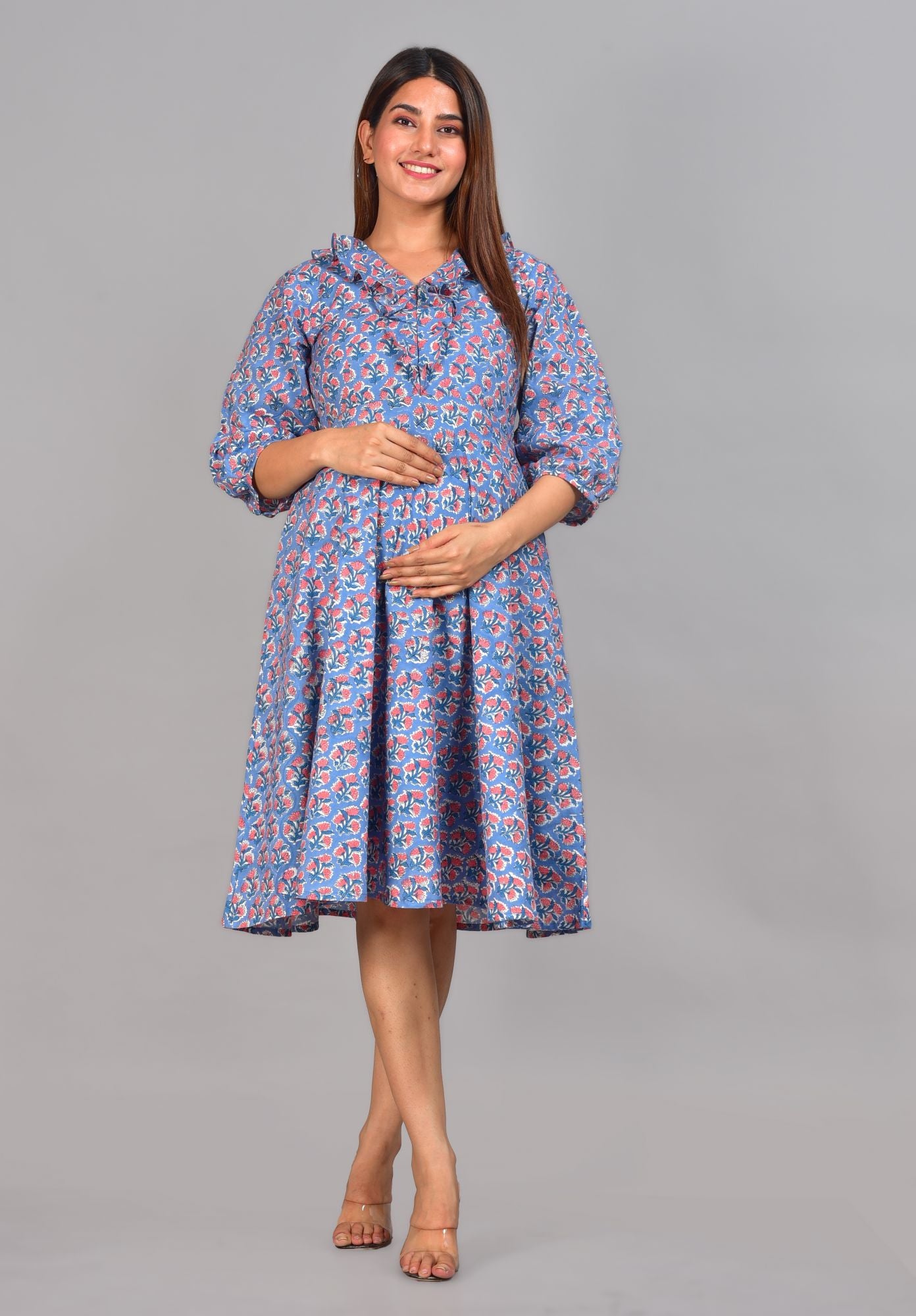 Lavendar Printed Cotton Maternity Dress with Feeding Zip